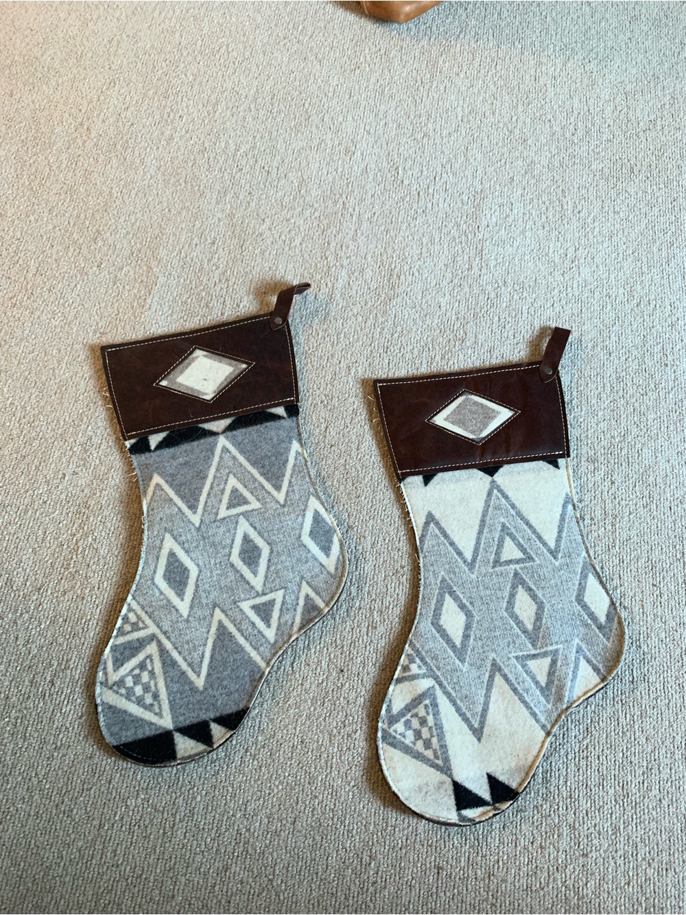Rustic Gray Pendleton Patterned Holiday Stocking with Leather Cuff